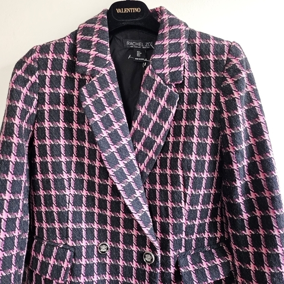 New Rachel Zoe Tweed Plaid Double Beasted Wool Blend Black/Pink Blazer NWT Small - Picture 5 of 10